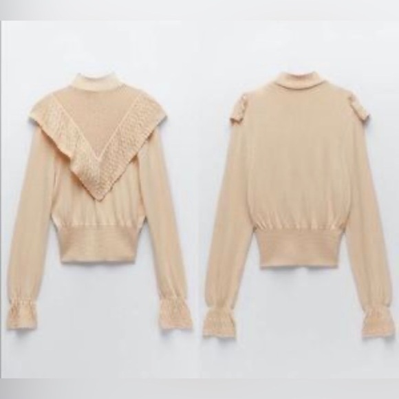 Zara Dollette knit long ruffle sleeve blouse Sz small beige/tan NWT! - Picture 2 of 14